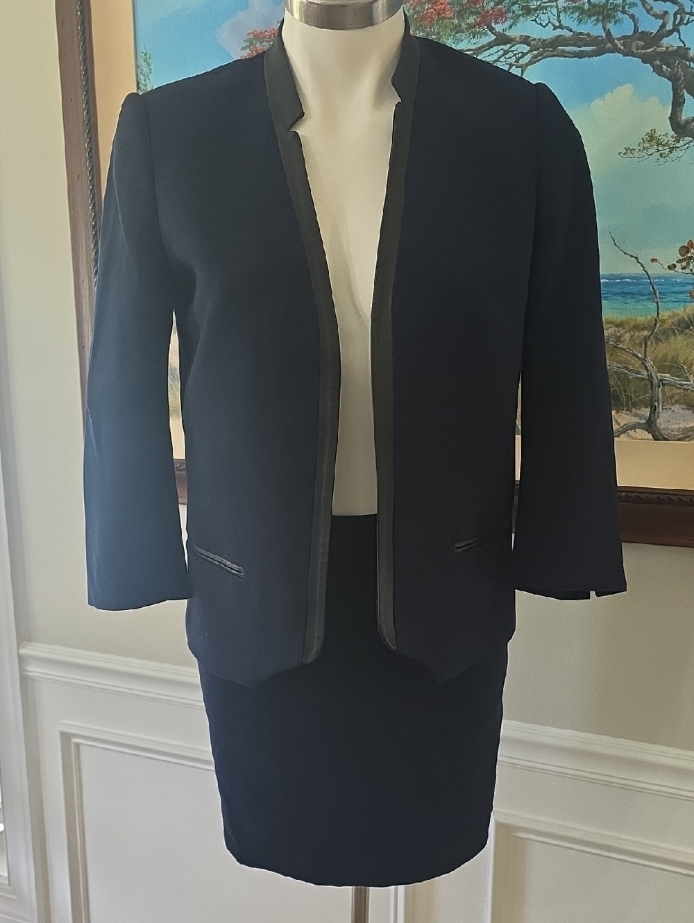 J.Lindeberg Blue Skirt Suit Set with Black Leather Trim